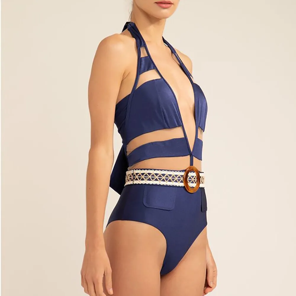 Blue Cutout Triangle Swimsuit Tight Metal Ring Tie Lace Backless Swimwear Tankini Women Swimming Suits Swimwear Patchwork