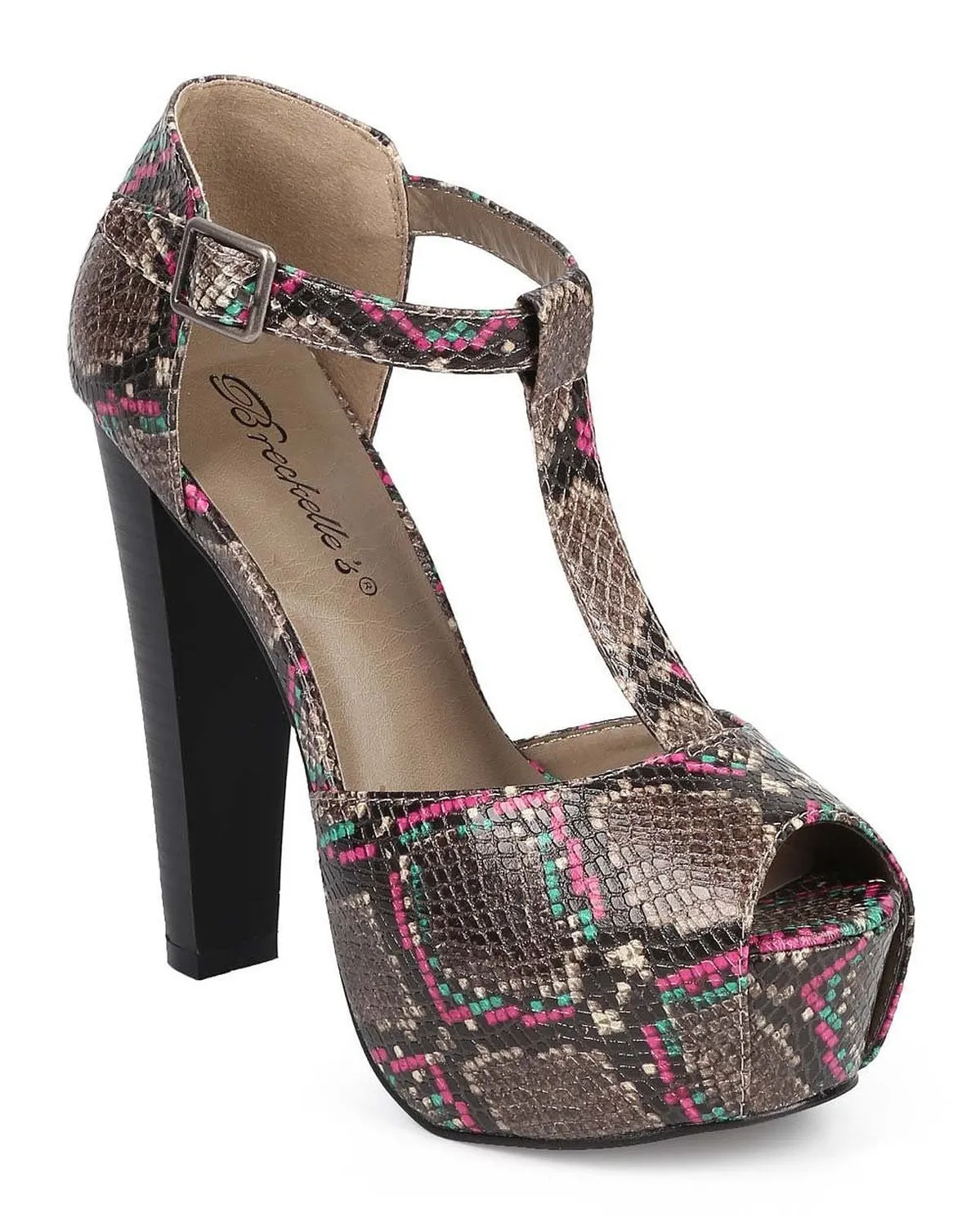 Breckelle Pink Multi Snakeskin Peep Toe T-Strap Platform Vegan Heels