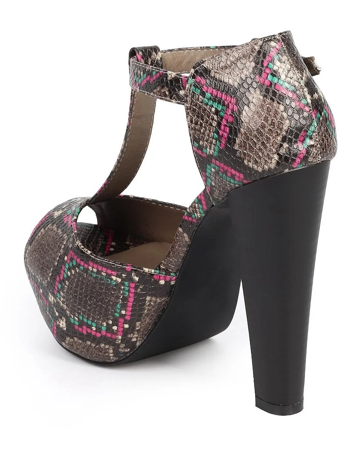 Breckelle Pink Multi Snakeskin Peep Toe T-Strap Platform Vegan Heels