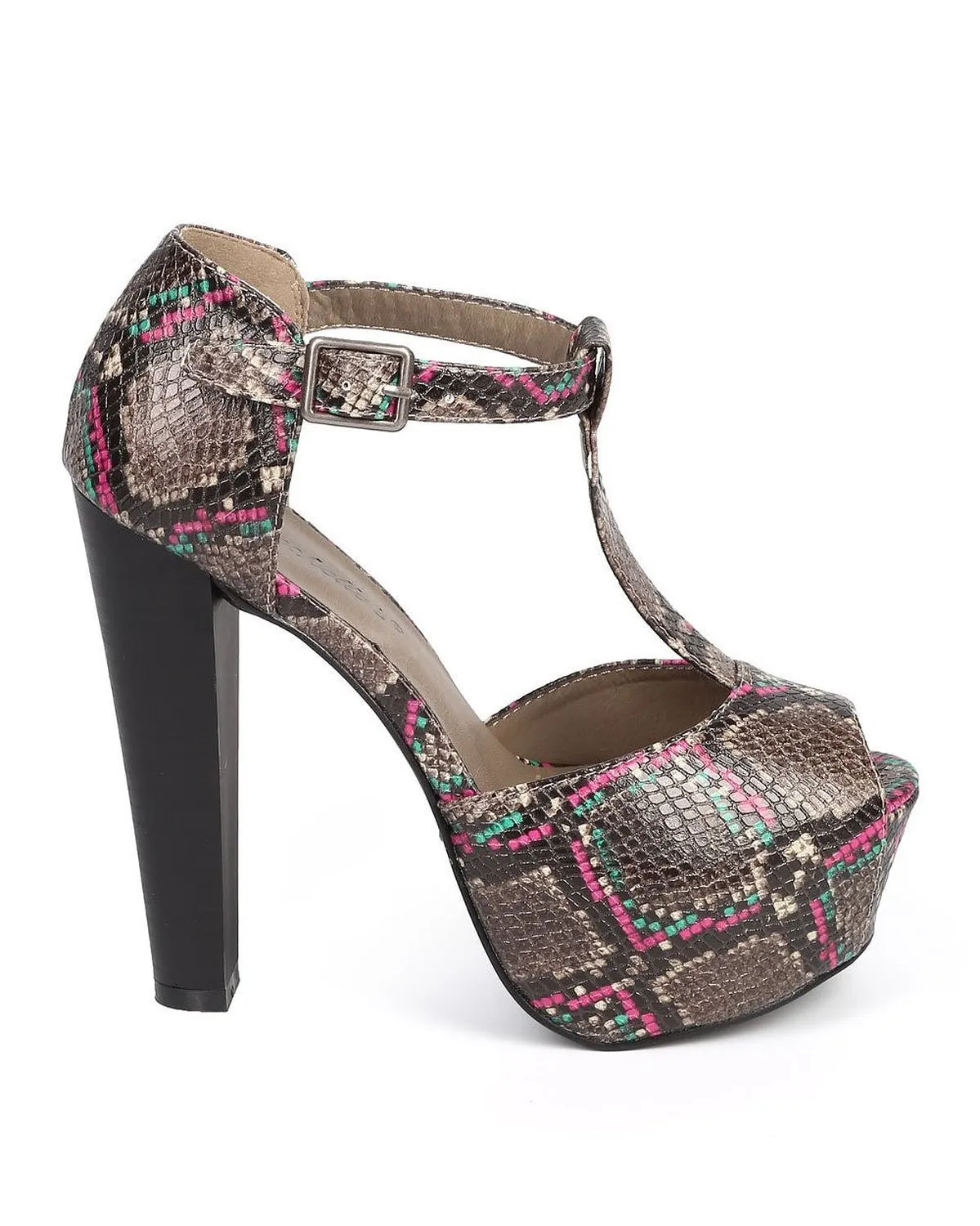 Breckelle Pink Multi Snakeskin Peep Toe T-Strap Platform Vegan Heels