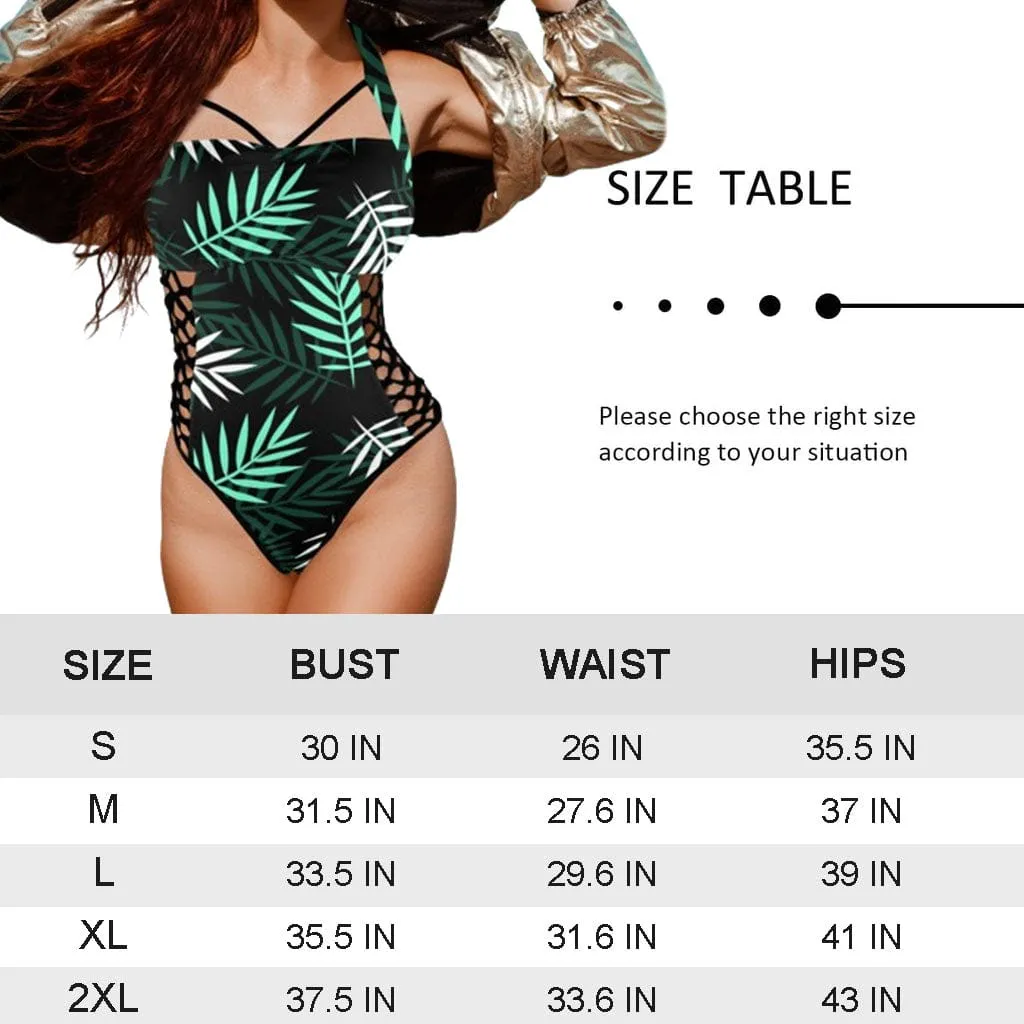 Custom Face Lips Women's Sexy One Pieces Swimsuit Lace Up Side Halter Back Tie Swimsuit Face Bathing Suit