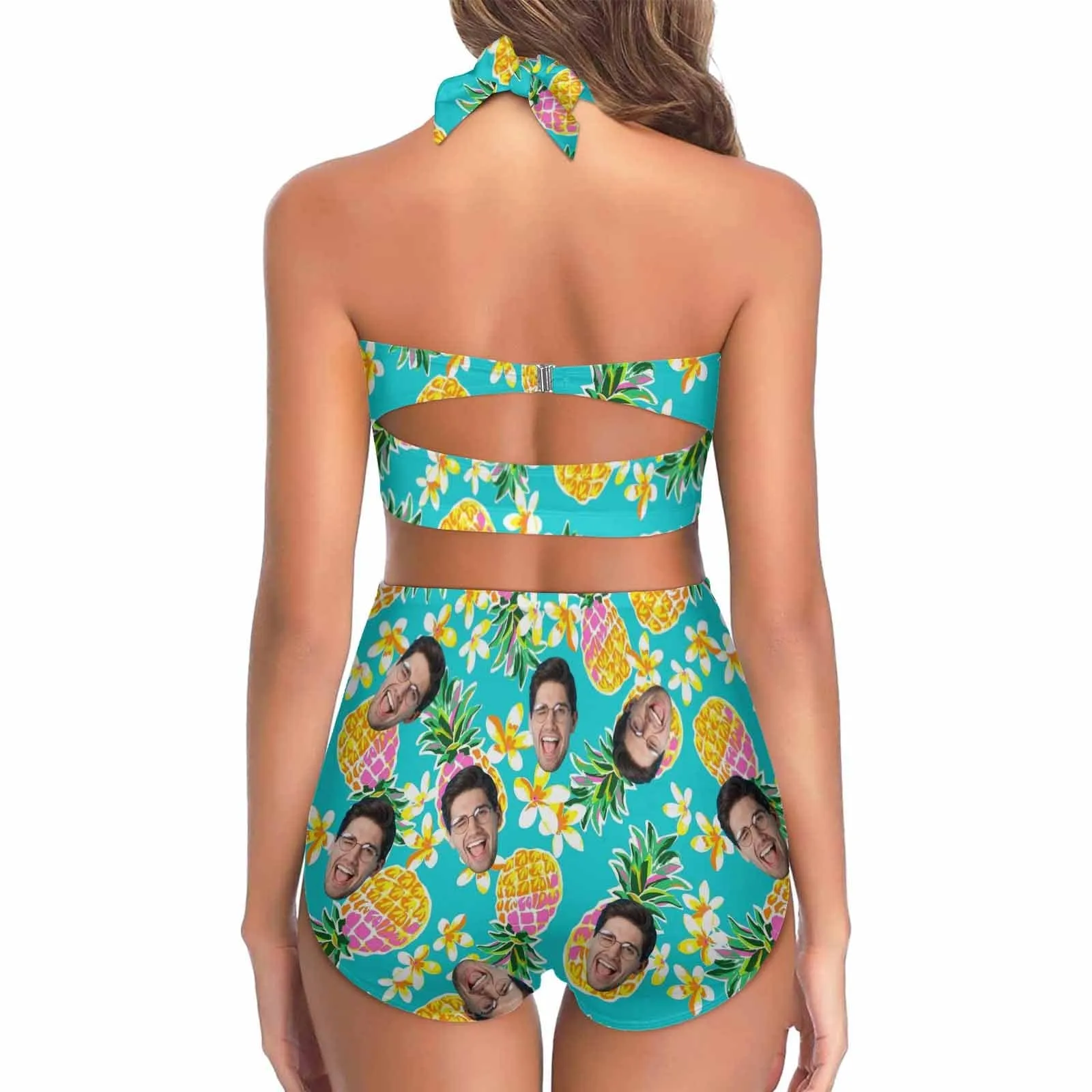 Custom Face Pineapple Women's Bikini Swimsuit Long Short Kimono Chiffon Blouse Set