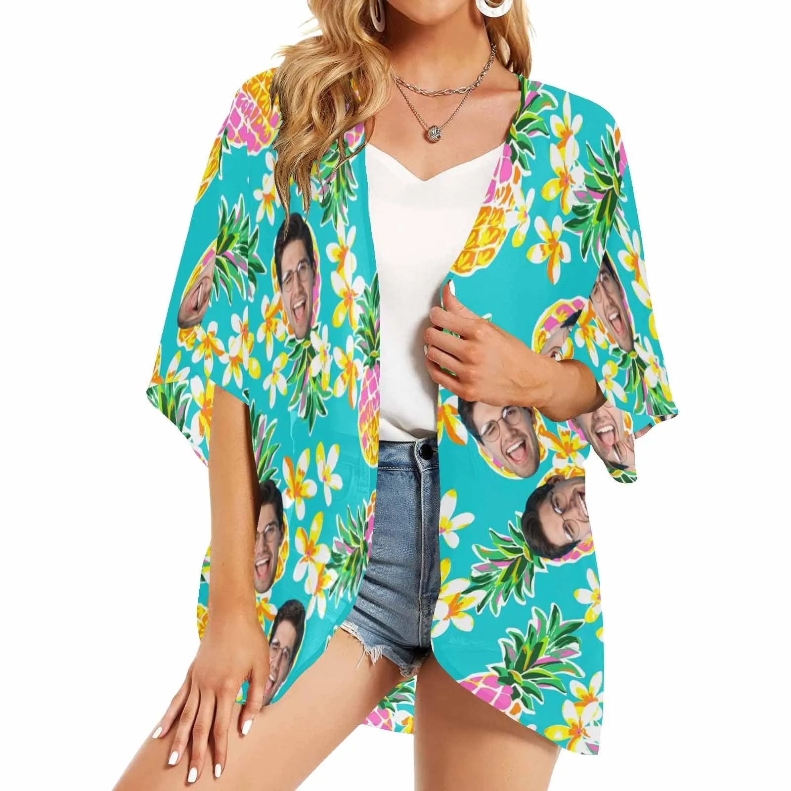 Custom Face Pineapple Women's Bikini Swimsuit Long Short Kimono Chiffon Blouse Set