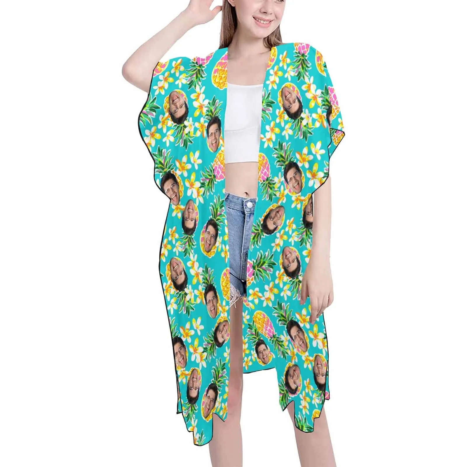 Custom Face Pineapple Women's Bikini Swimsuit Long Short Kimono Chiffon Blouse Set