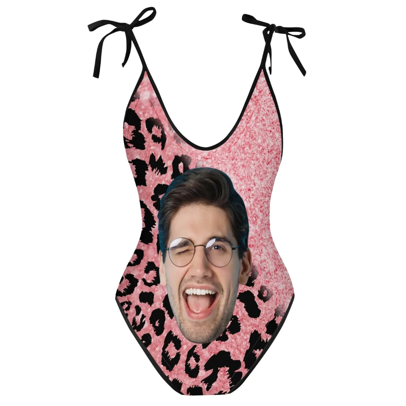 Custom Face Pink Shining Leopard Personalized Deep V-Neck Women's One-Piece Swimsuit Custom Picture Bathing Suit