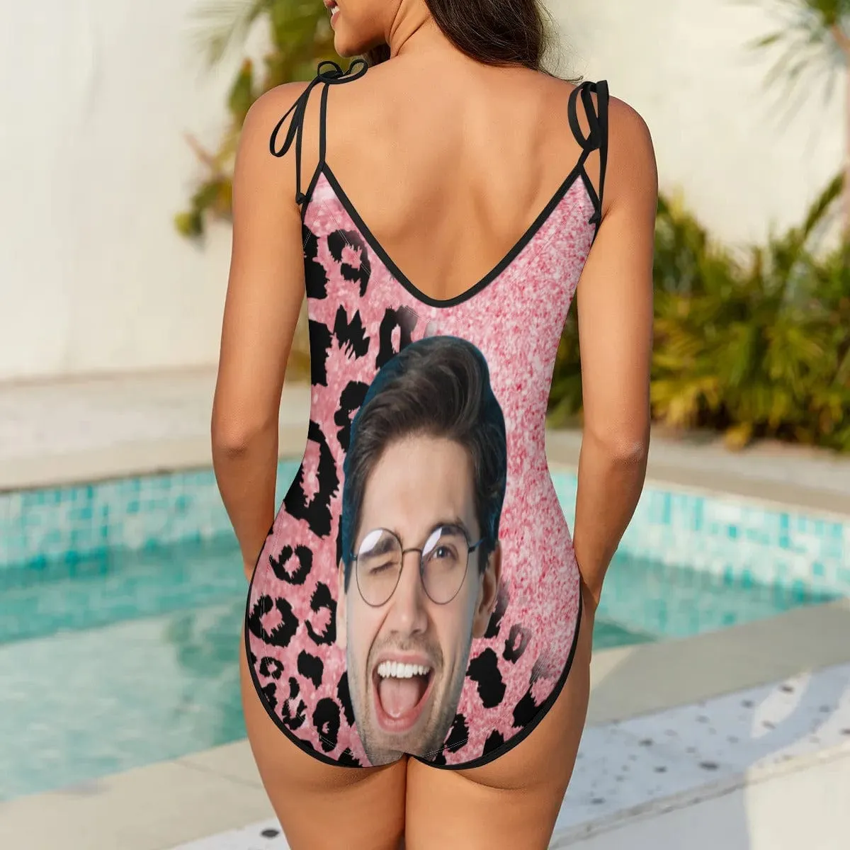 Custom Face Pink Shining Leopard Personalized Deep V-Neck Women's One-Piece Swimsuit Custom Picture Bathing Suit