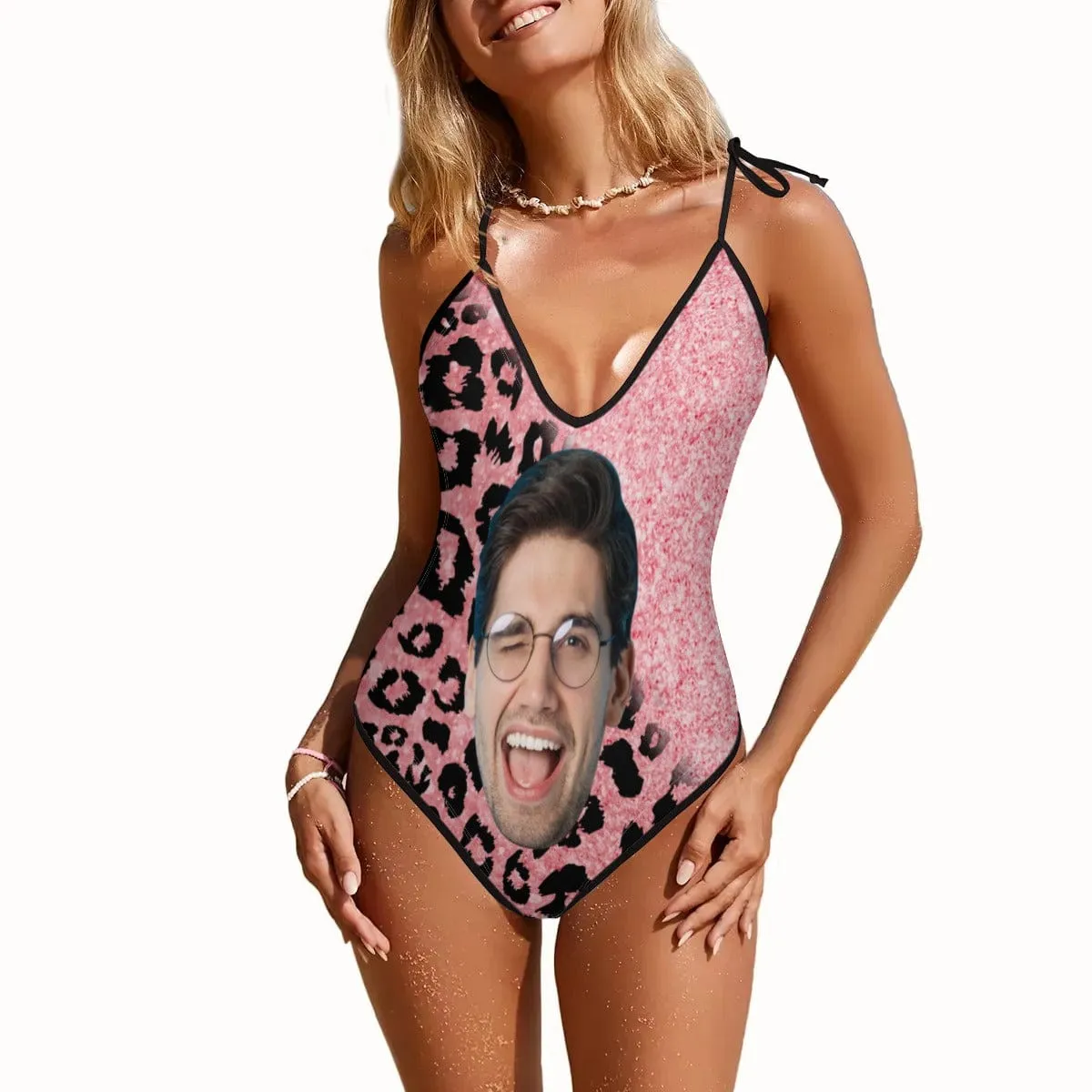 Custom Face Pink Shining Leopard Personalized Deep V-Neck Women's One-Piece Swimsuit Custom Picture Bathing Suit