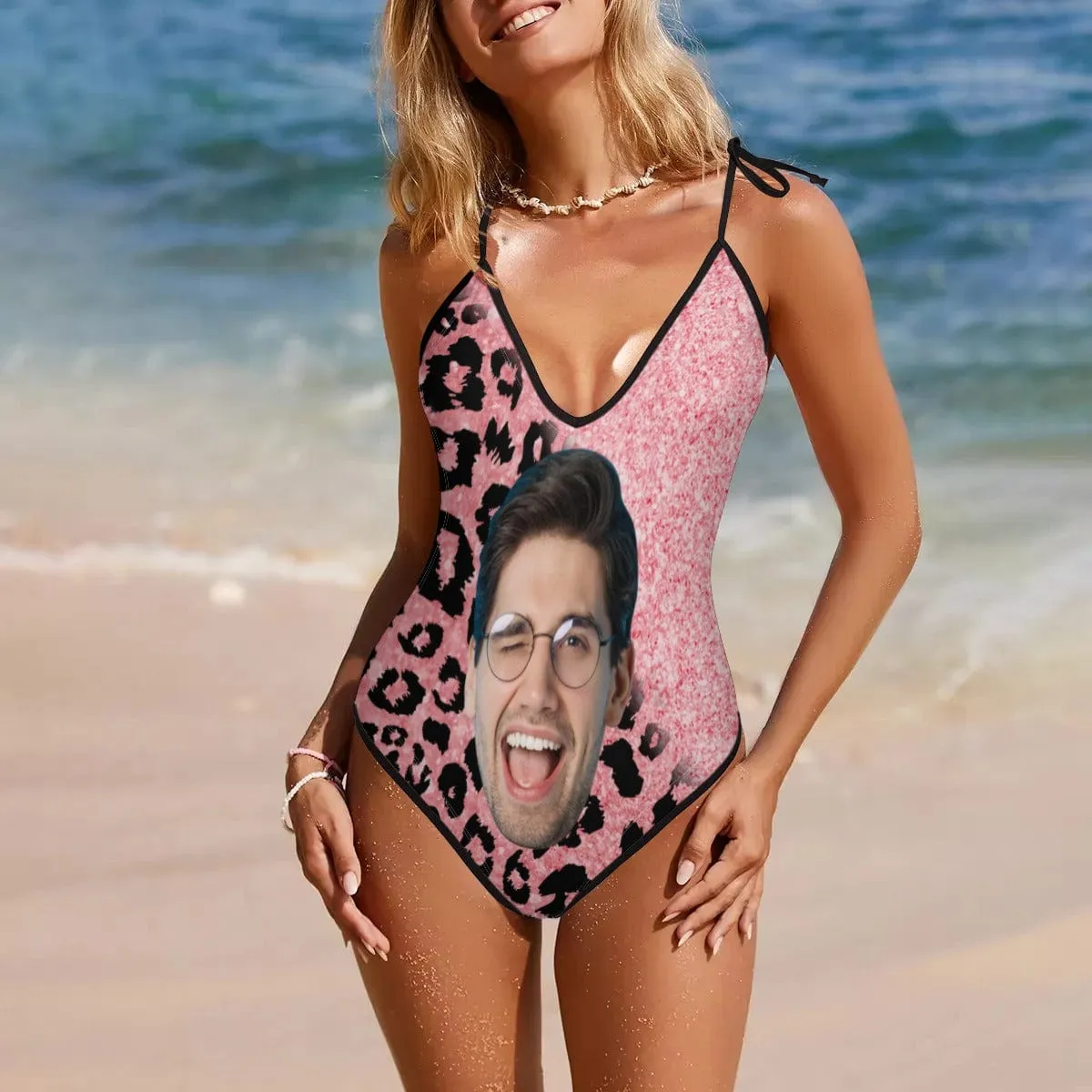 Custom Face Pink Shining Leopard Personalized Deep V-Neck Women's One-Piece Swimsuit Custom Picture Bathing Suit