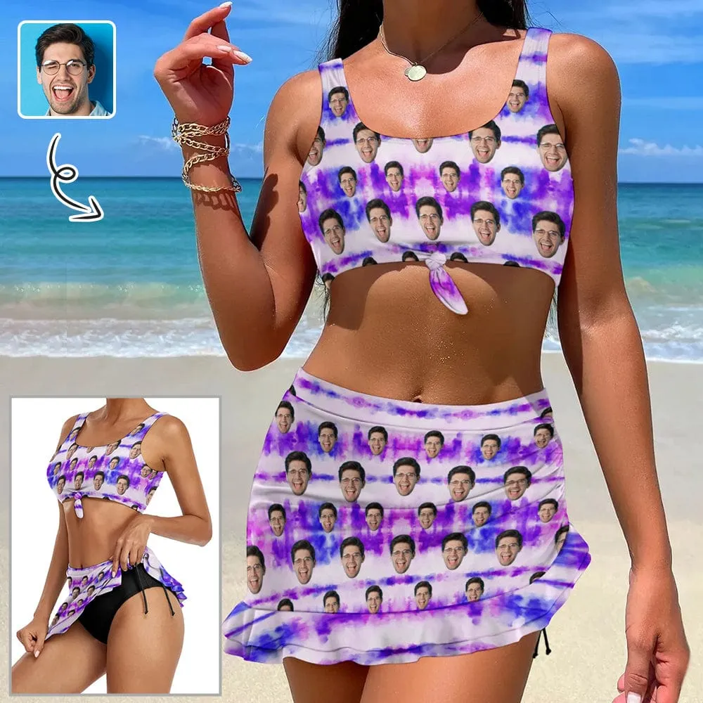 Custom Face Purple Bikini Set Personalized Drawstring Chest Strap Bikini Skirt