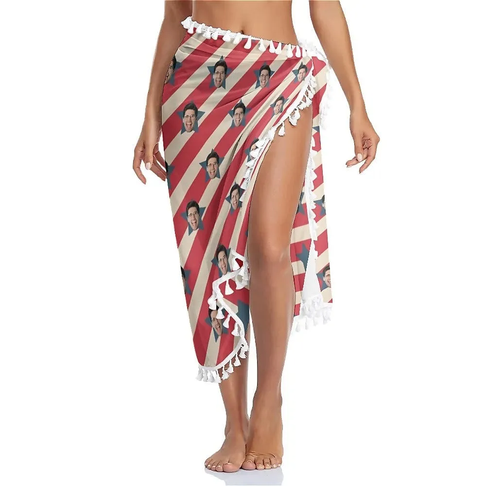 Custom Face Stars And Stripes Beach Wraps Chiffon Sarong Bikini Swimsuit Cover Ups Skirt Tassels