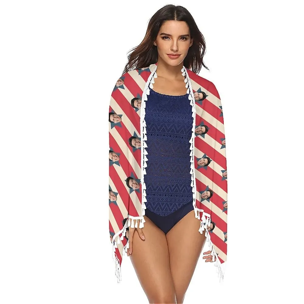 Custom Face Stars And Stripes Beach Wraps Chiffon Sarong Bikini Swimsuit Cover Ups Skirt Tassels