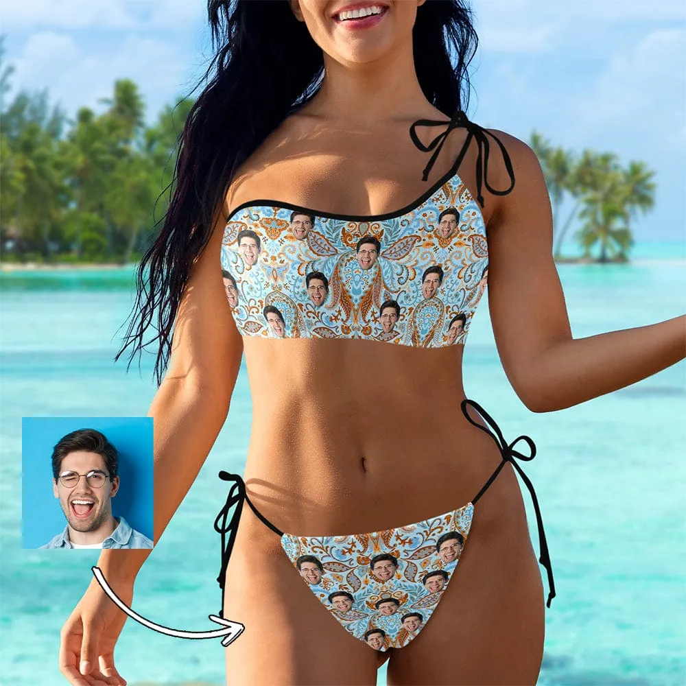 Custom Face Tribal Style Bikini Set Personalized Women's Off-Shoulder String Swimsuit