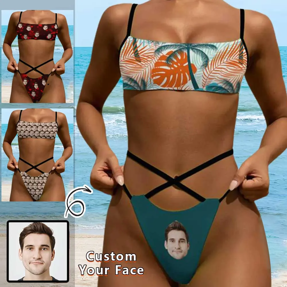 Custom Face Tropical Leaves Green Waist Bond Triangle Bikini Peronalized Two Piece Swimsuit