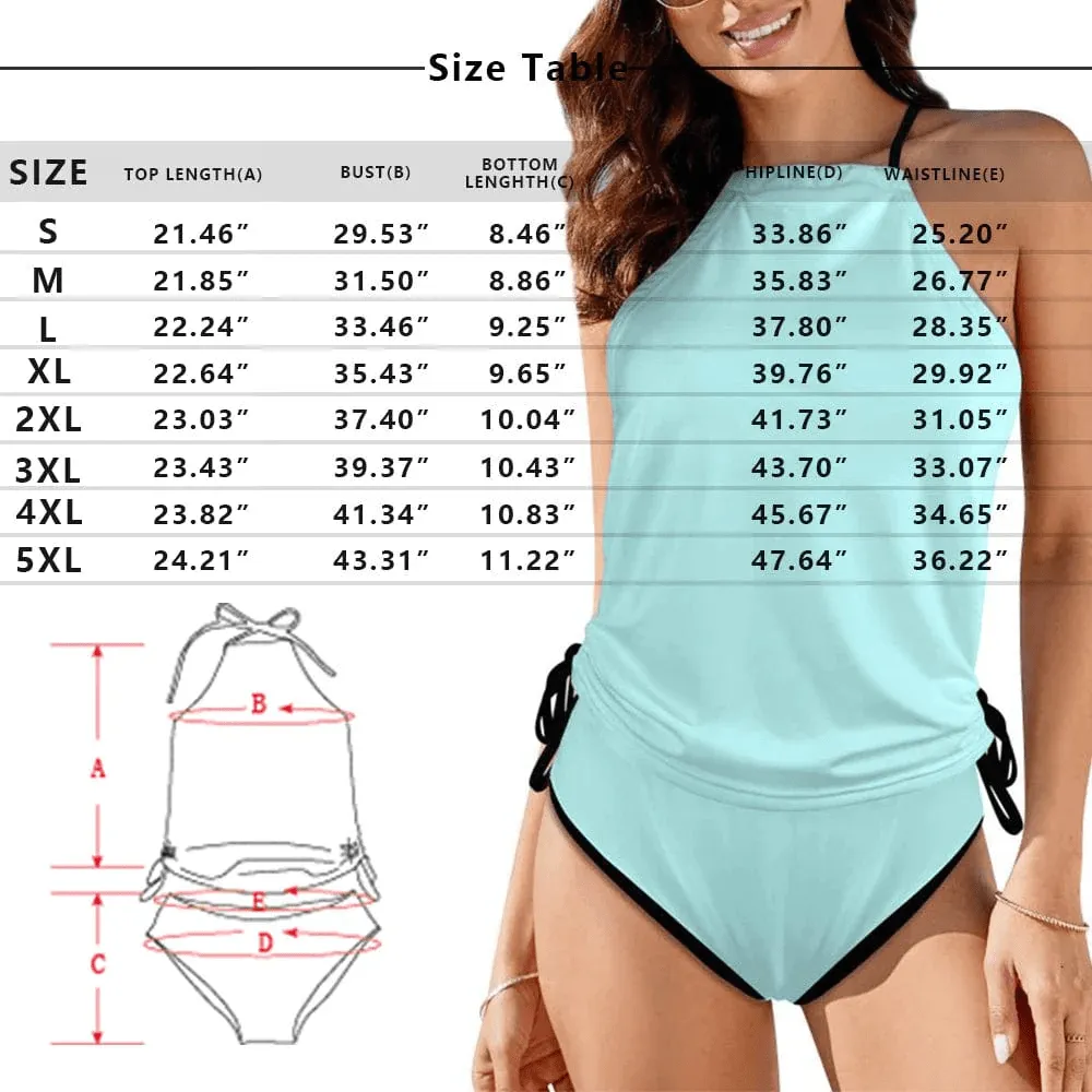 Custom Face Tropical Plants Womens Sexy Halter Tummy Control Swimsuit Tankini Top Sets Fashion Two Piece Bathing Suit with Tie Side