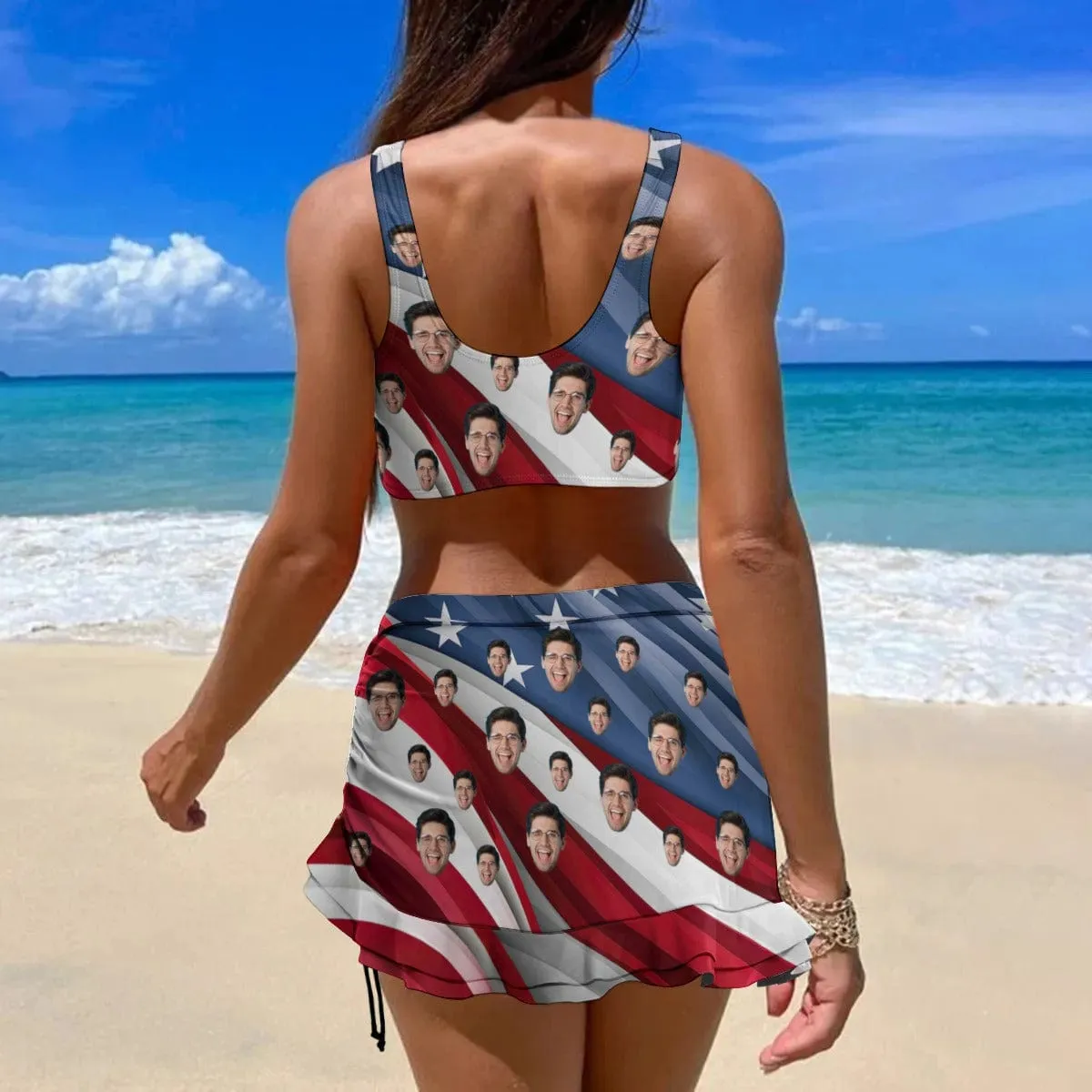 Custom Face USA Flag Bikini Set Personalized Drawstring Chest Strap Bikini Skirt