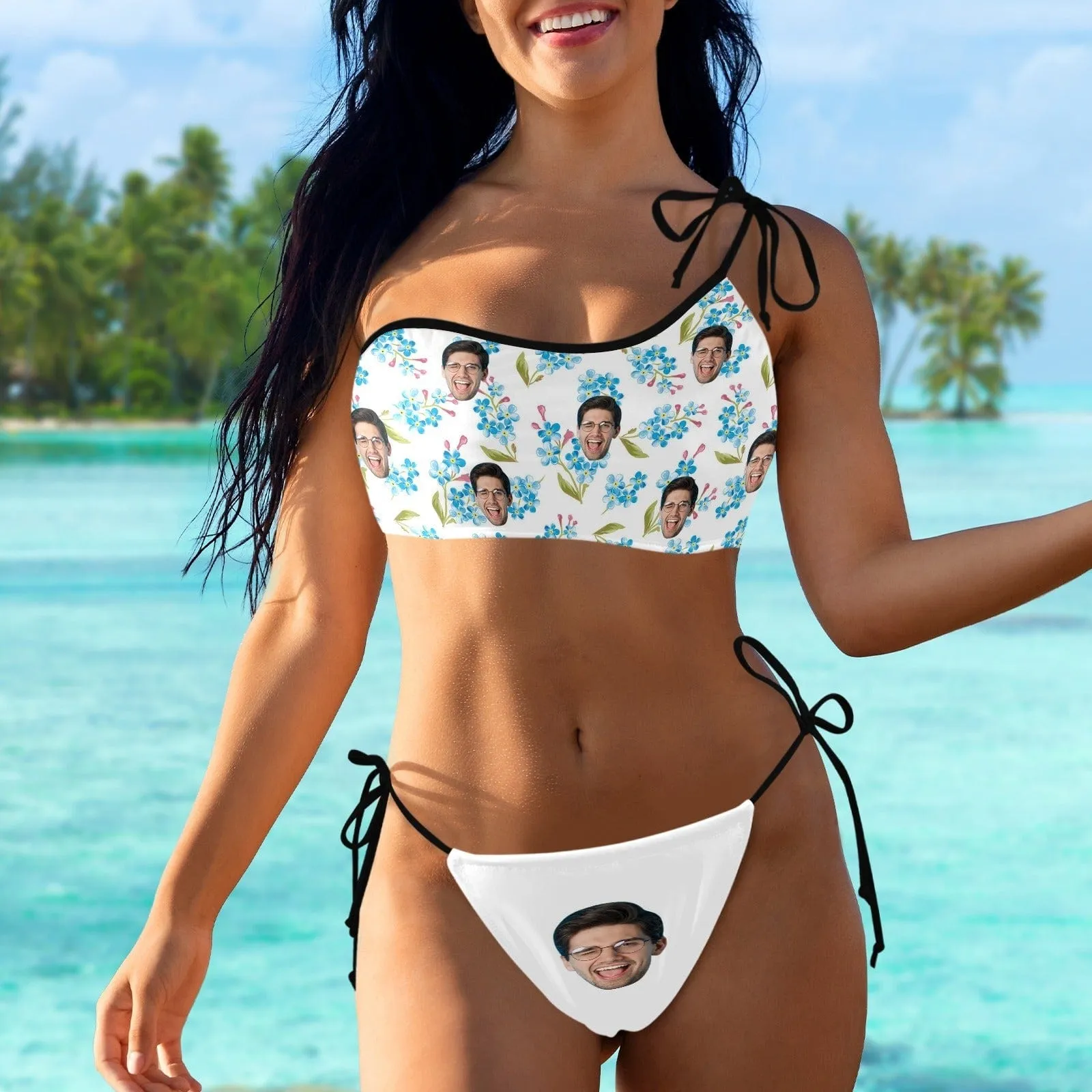 Custom Face White Flowers Bikini Set Personalized Women's Off-Shoulder String Swimsuit