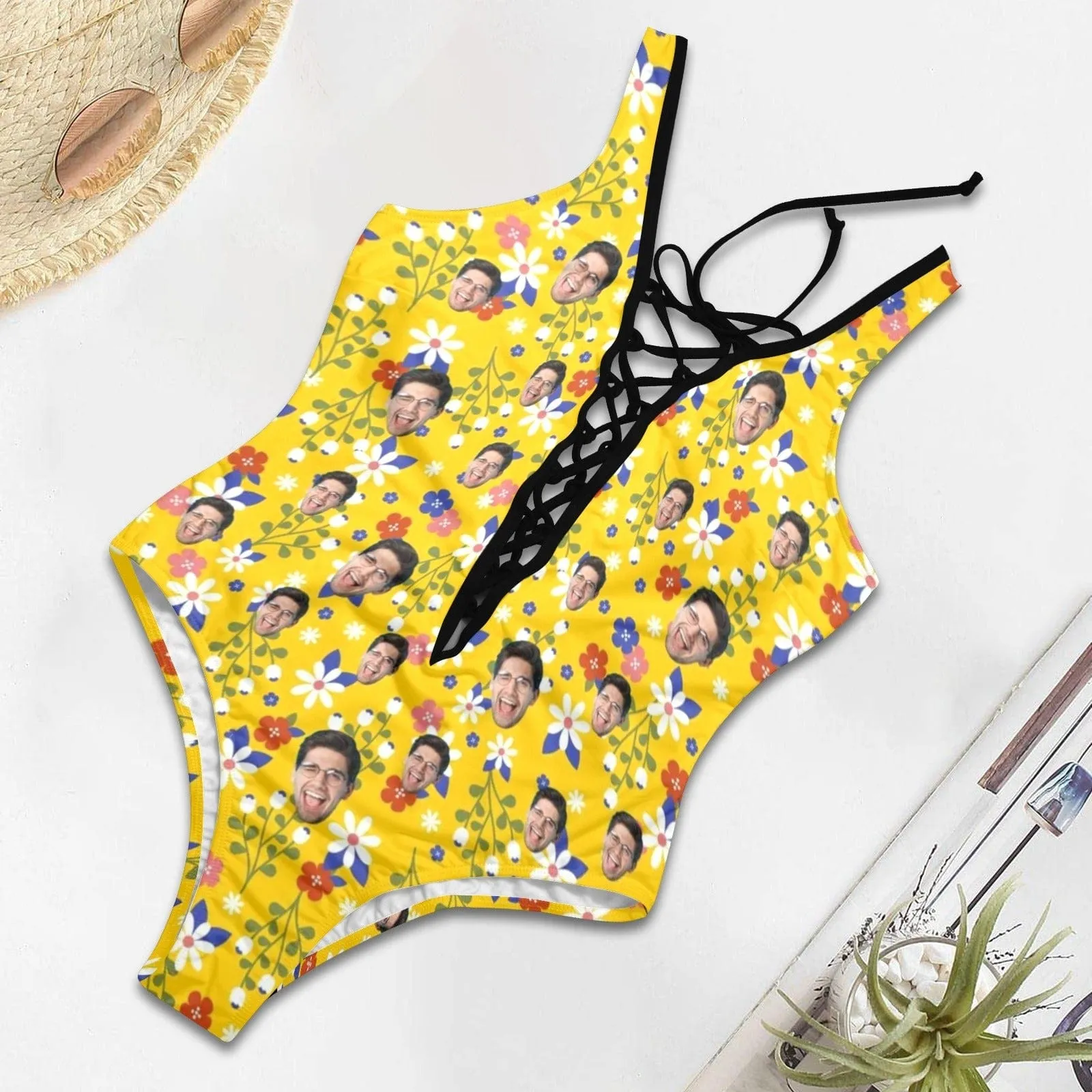 Custom Face Yellow Flower Women's Sexy One Pieces Swimsuit Lace Up Deep V Bathing Suit Beachwear