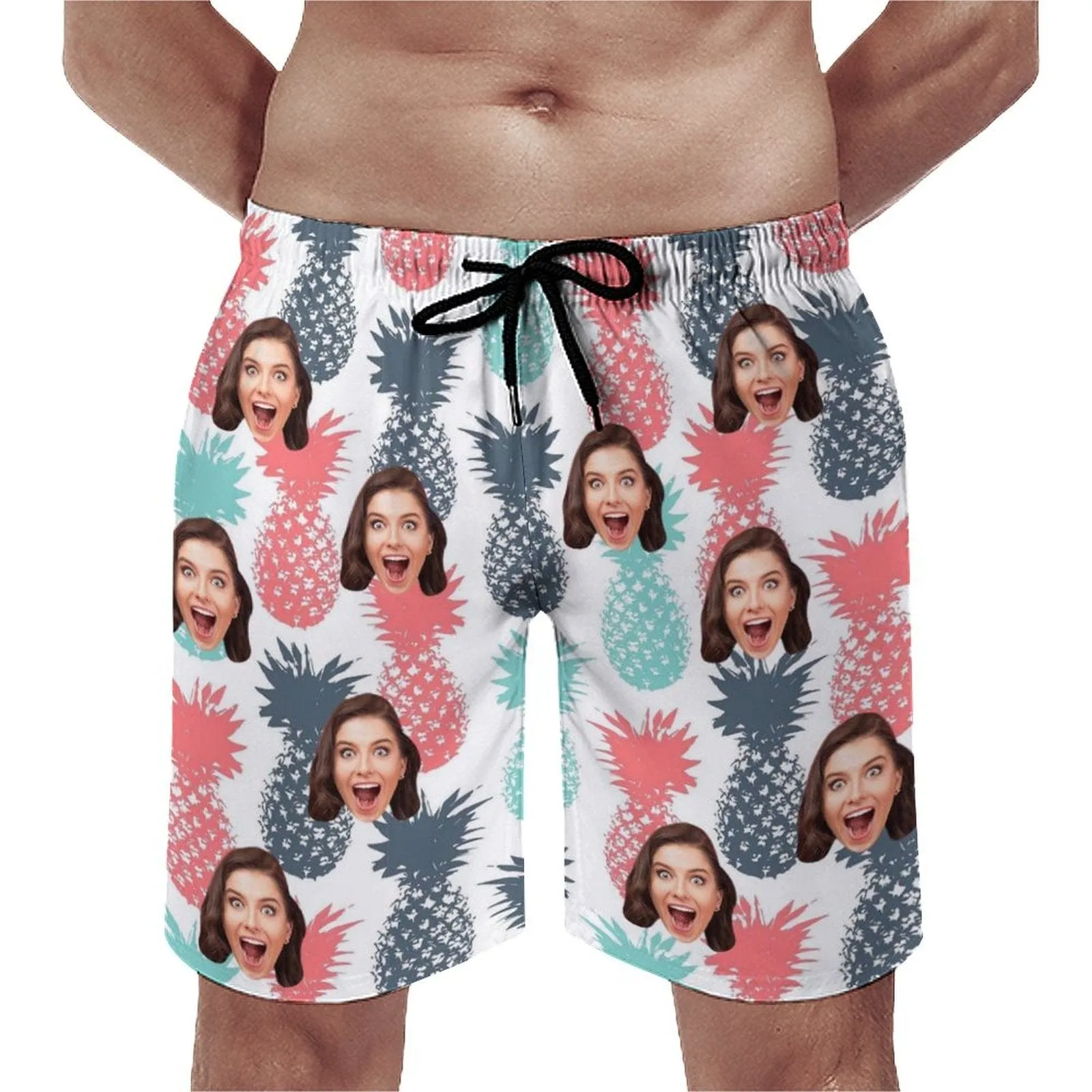 Custom Girlfriend Face Pineapple White Men's Casual Beach Shorts with Drawstring