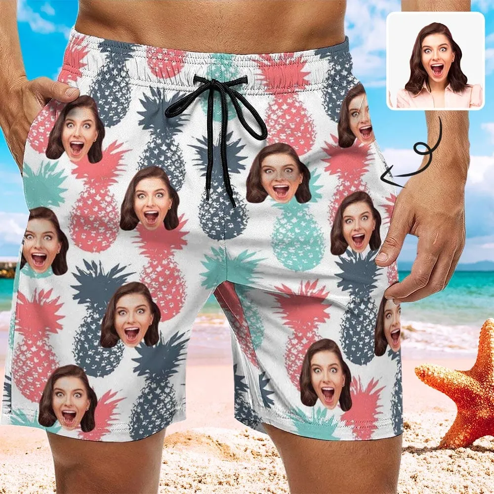 Custom Girlfriend Face Pineapple White Men's Casual Beach Shorts with Drawstring