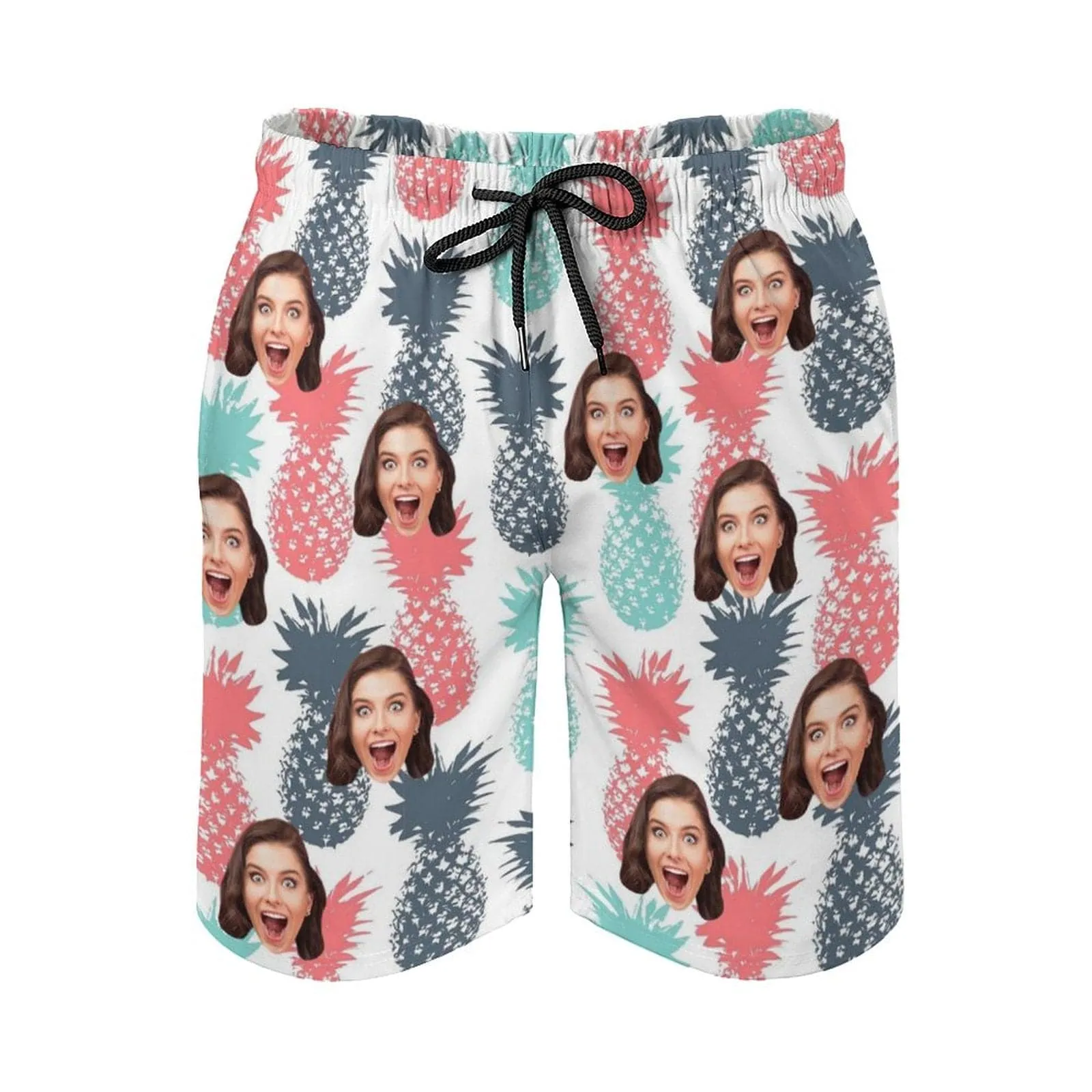 Custom Girlfriend Face Pineapple White Men's Casual Beach Shorts with Drawstring