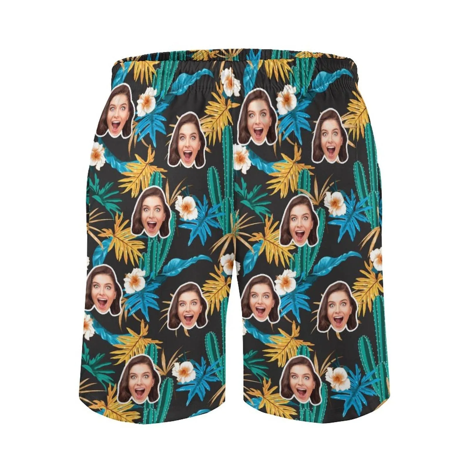 Custom Girlfriend Face Yellow Leaves Men's Casual Quick-drying Beach Shorts with White Flower