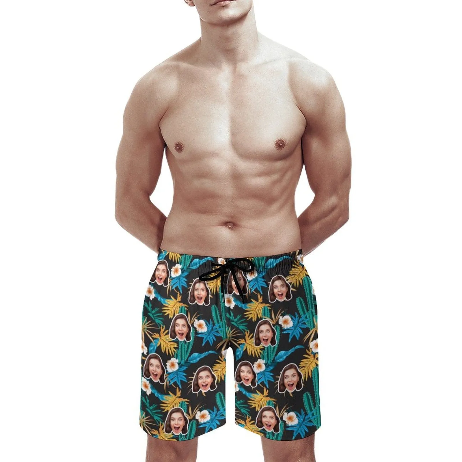 Custom Girlfriend Face Yellow Leaves Men's Casual Quick-drying Beach Shorts with White Flower