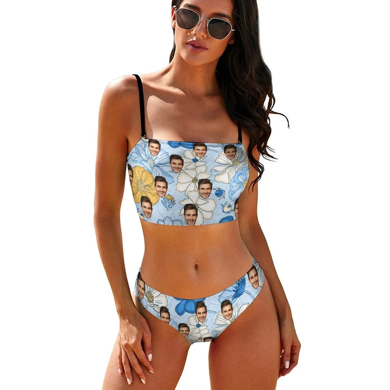 Custom Husband Face Flowers Blue Bikini Personalized Bathing Suit Women's Suspenders Bandeau Bikini Set Two Piece Swimsuits