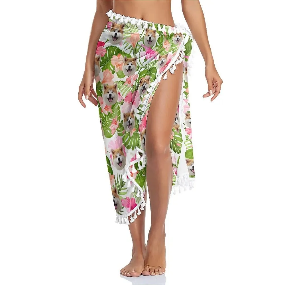 Custom Pet Face Leaves And Flowers Beach Wraps Chiffon Sarong Bikini Swimsuit Cover Ups Skirt Tassels