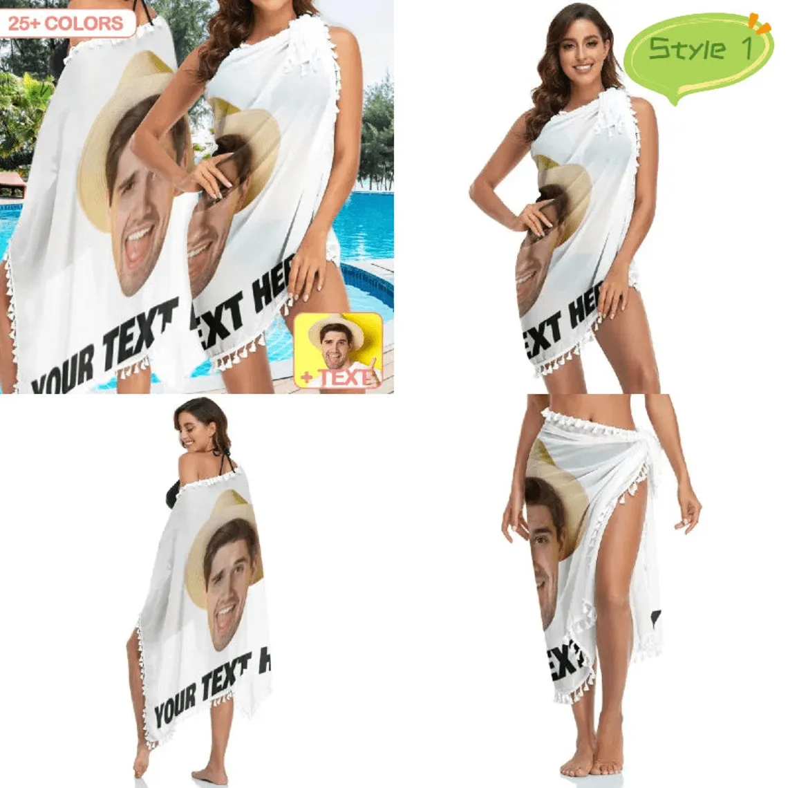 Custom Photo or Text Beach Wraps Multiple Deisgns Chiffon Sarong Bikini Swimsuit Cover Ups Skirt Tassels