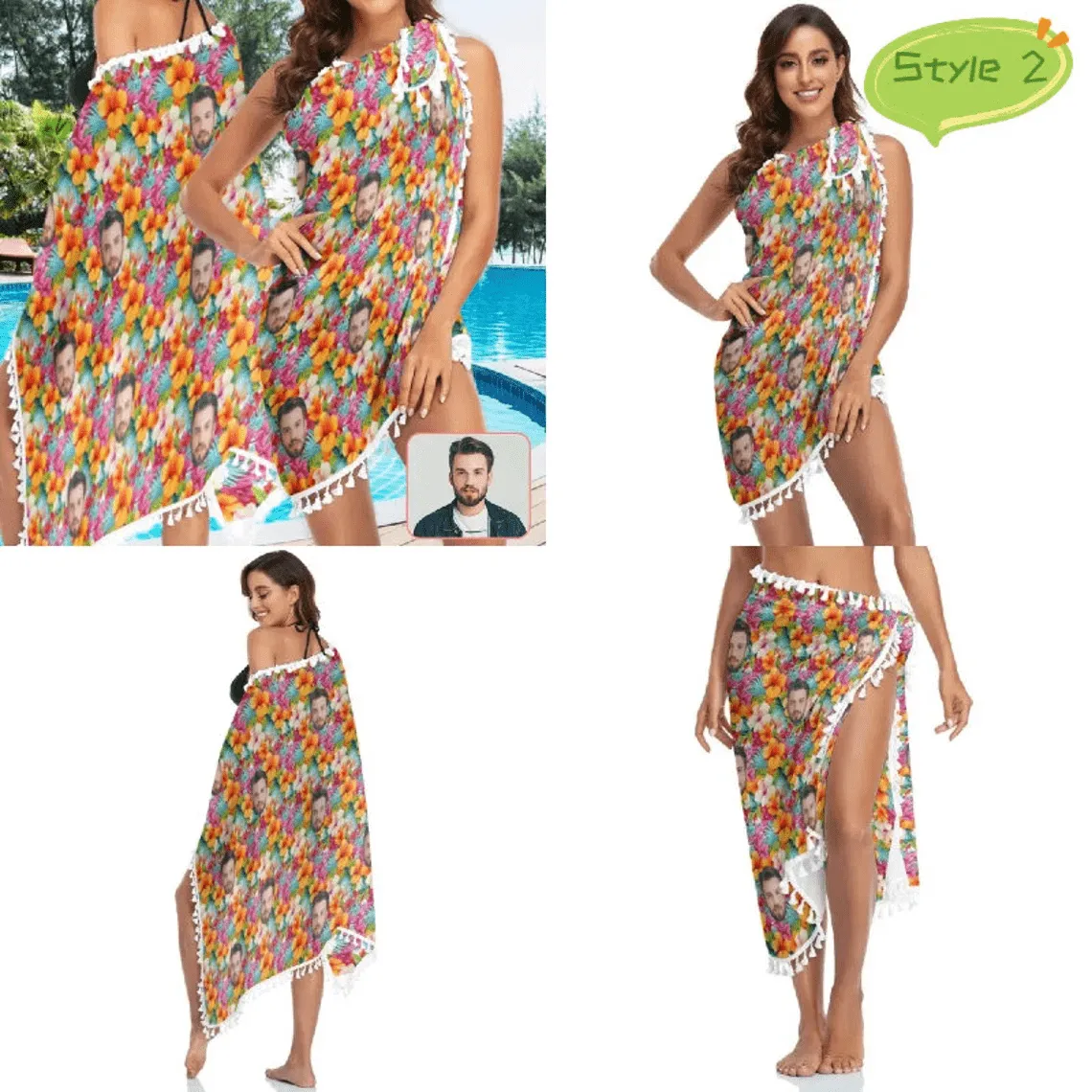 Custom Photo or Text Beach Wraps Multiple Deisgns Chiffon Sarong Bikini Swimsuit Cover Ups Skirt Tassels