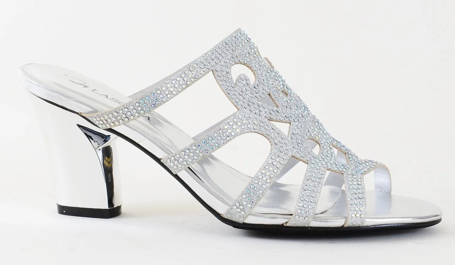 Elegant Beaded Glitter Formal Chrome Heel Slide Sandals