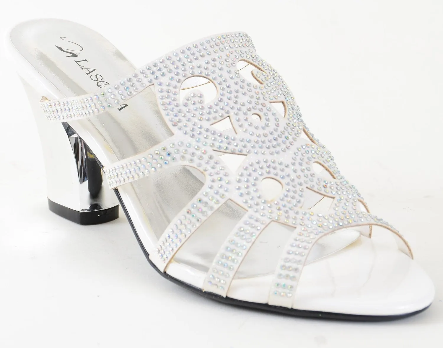 Elegant Beaded Glitter Formal Chrome Heel Slide Sandals