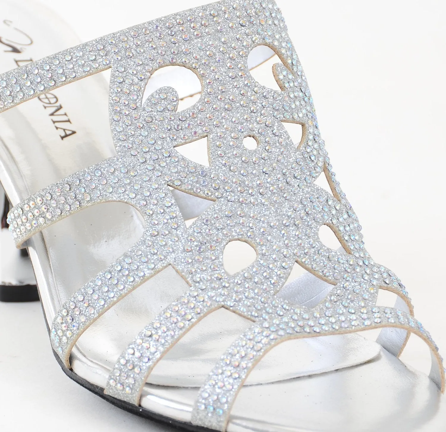 Elegant Beaded Glitter Formal Chrome Heel Slide Sandals