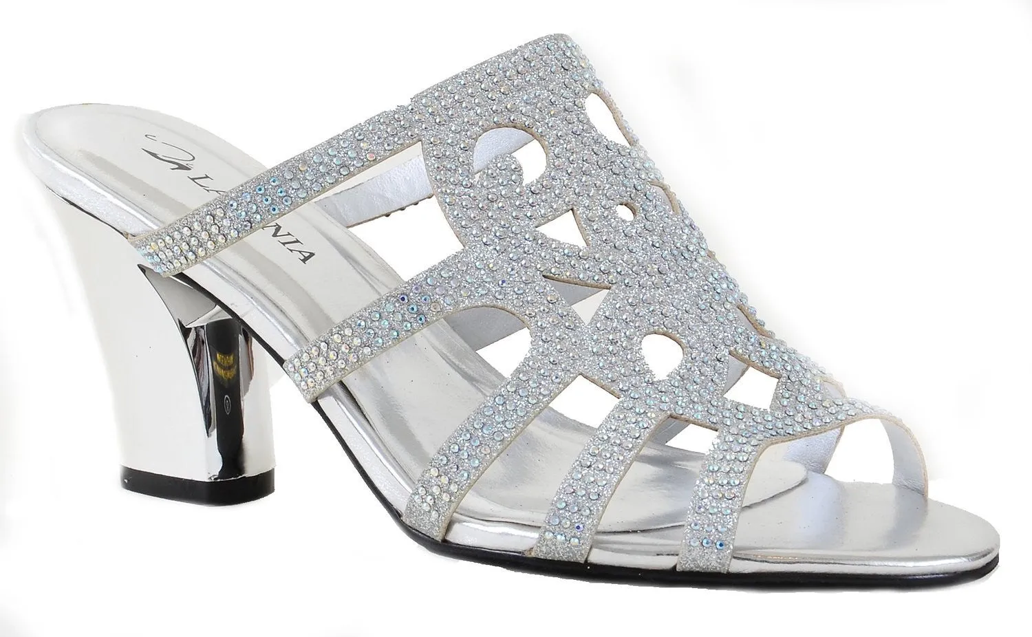 Elegant Beaded Glitter Formal Chrome Heel Slide Sandals