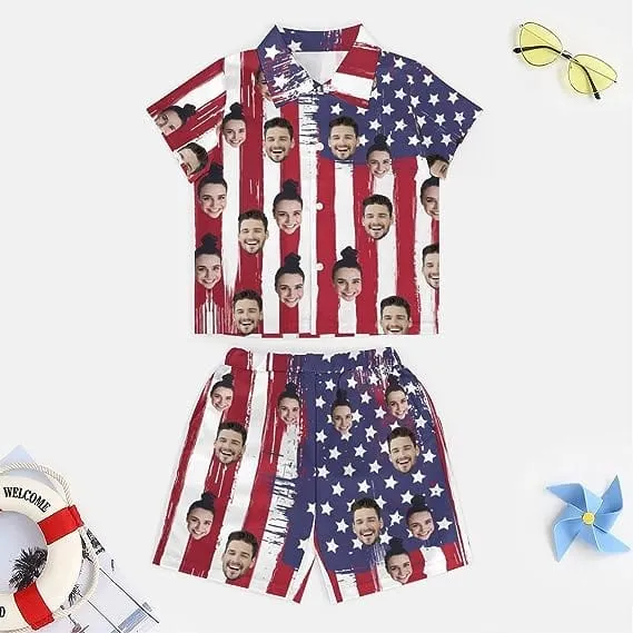 Family Hawaiian Dress Set Cruise Outfit Custom Face USA Flag Style Hawaiian Shirt Set&Dress