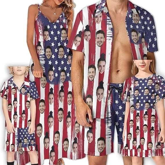 Family Hawaiian Dress Set Cruise Outfit Custom Face USA Flag Style Hawaiian Shirt Set&Dress