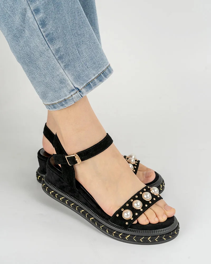 Faux Pearl Decor Ankle Strap Wedge Sandals