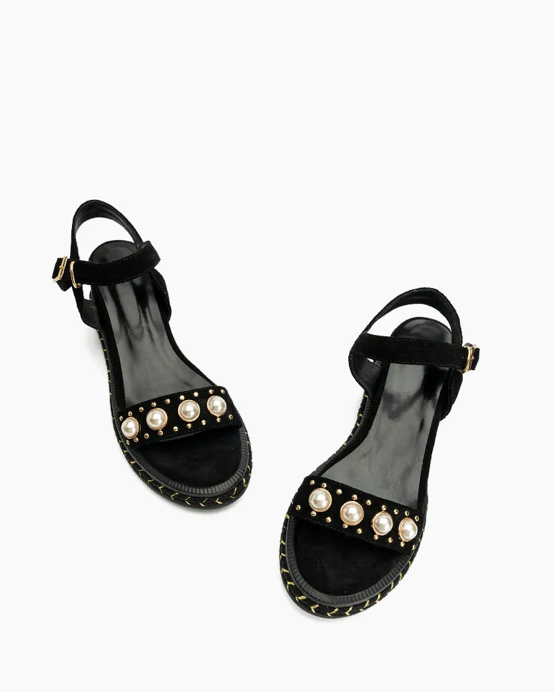 Faux Pearl Decor Ankle Strap Wedge Sandals