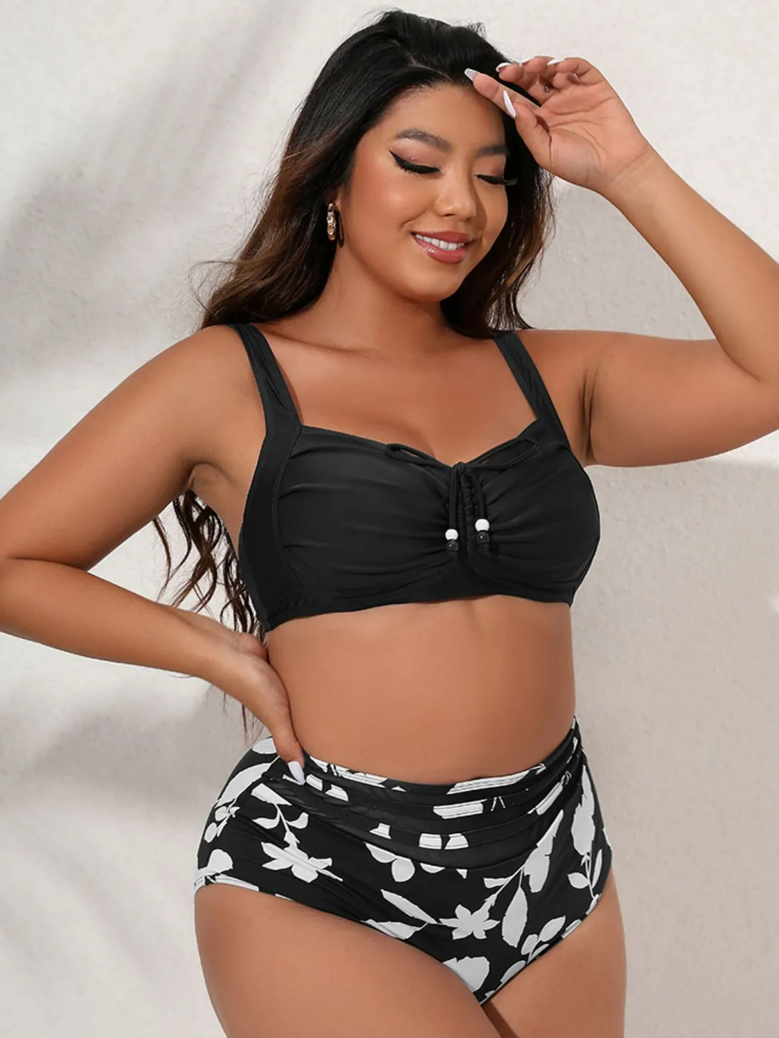 Full Size Printed Gathered Detail Bikini Set