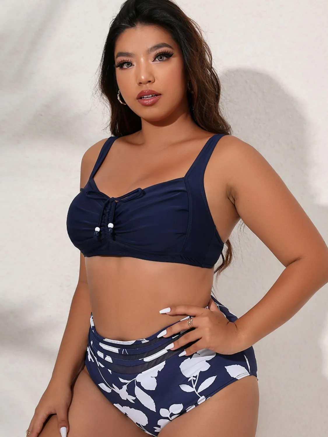 Full Size Printed Gathered Detail Bikini Set