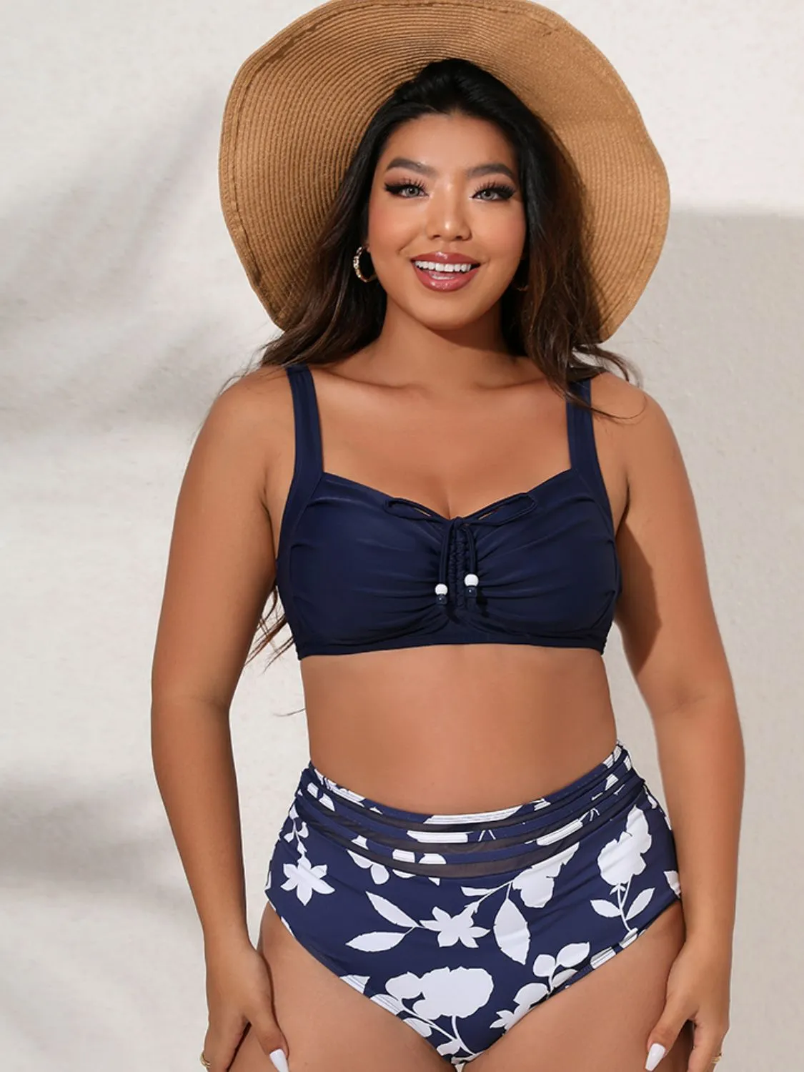 Full Size Printed Gathered Detail Bikini Set