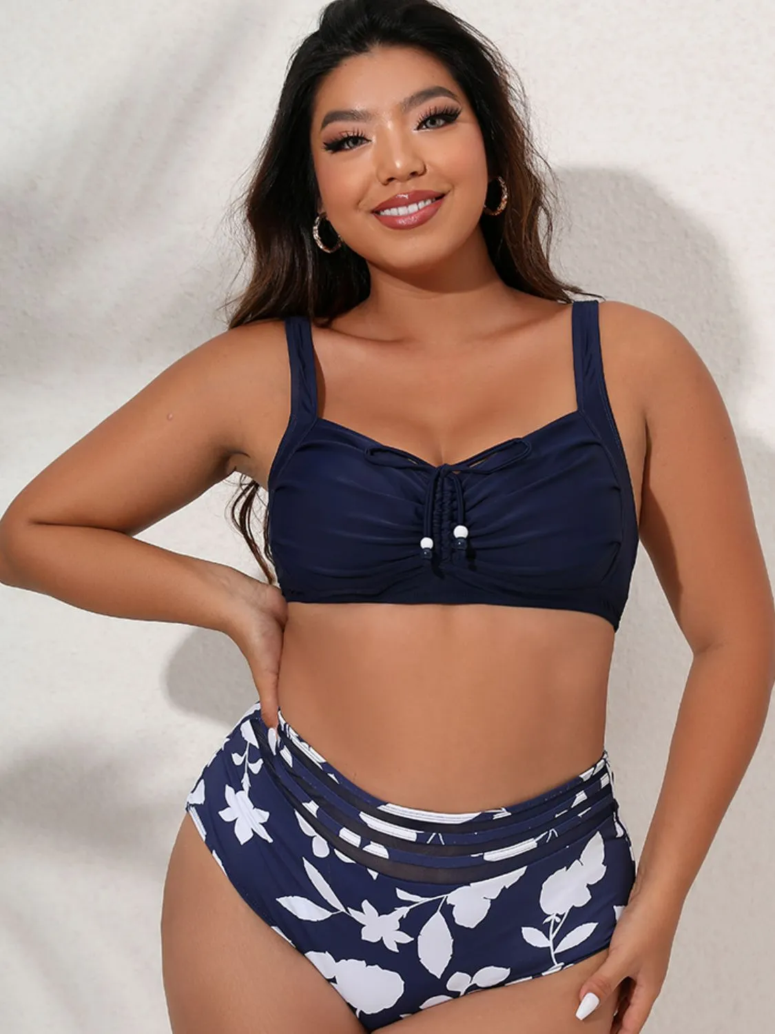 Full Size Printed Gathered Detail Bikini Set