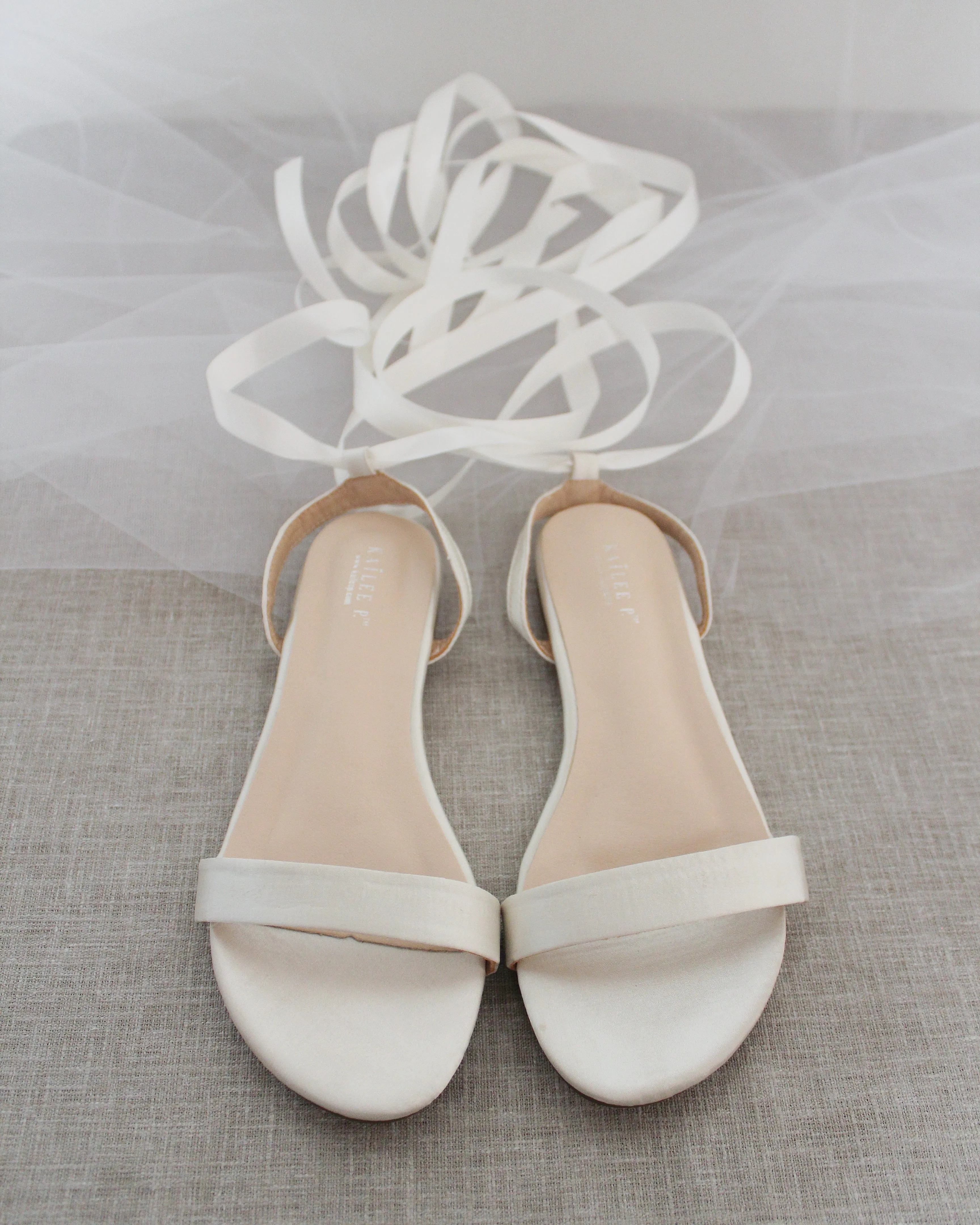 Elegant Ivory Satin Ballerina Lace-Up Flat Sandals for Women