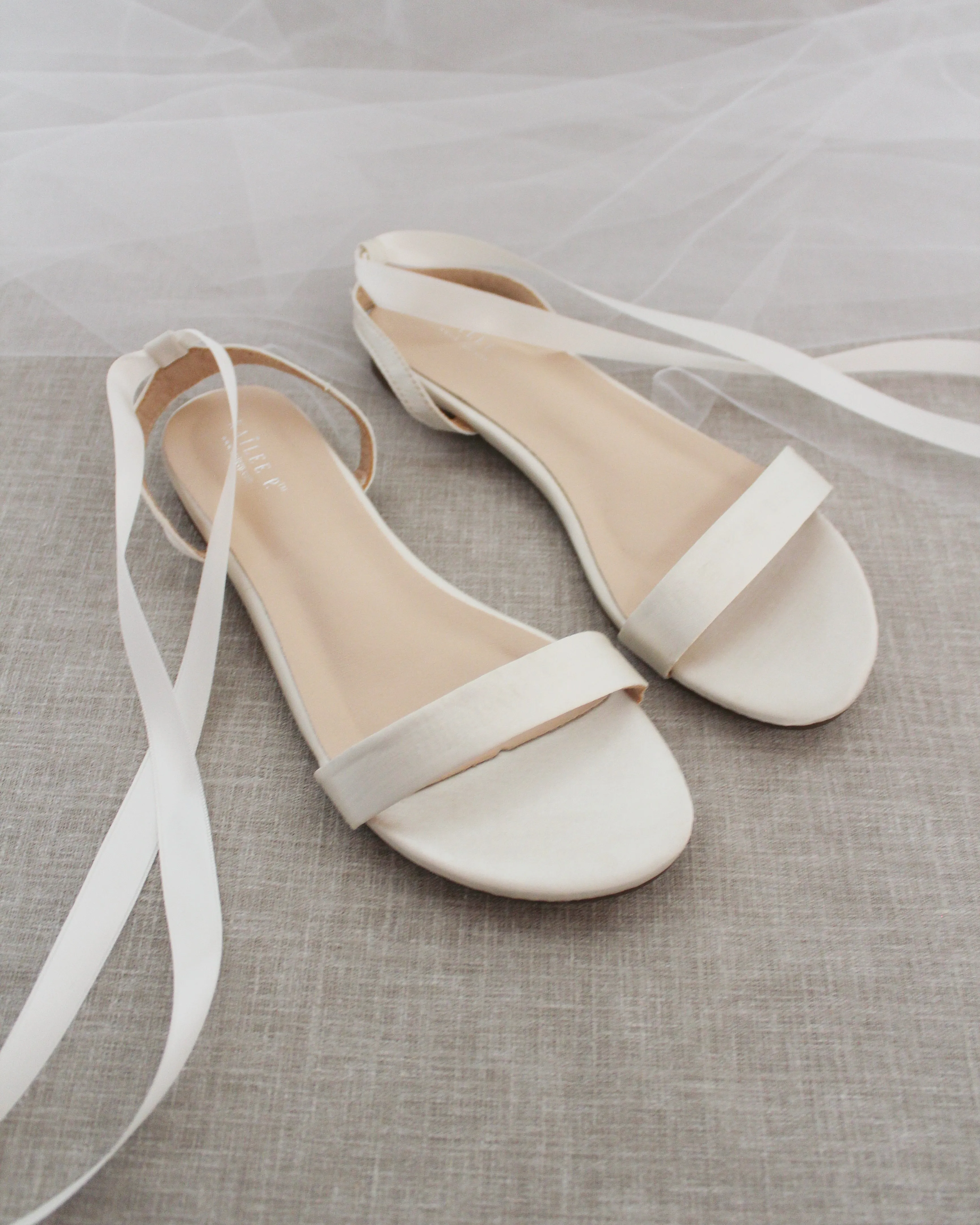 Elegant Ivory Satin Ballerina Lace-Up Flat Sandals for Women