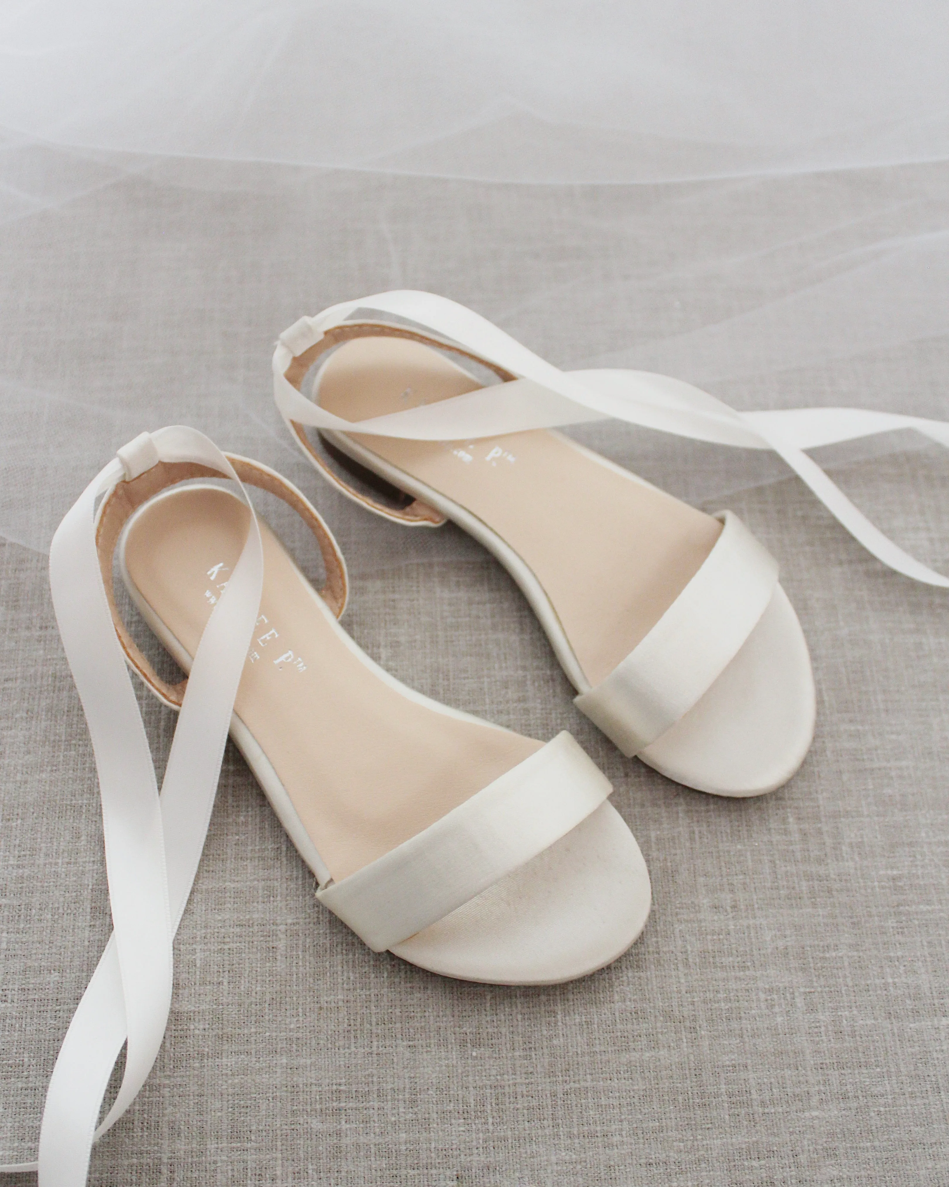 Elegant Ivory Satin Ballerina Lace-Up Flat Sandals for Women