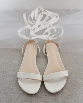 Elegant Ivory Satin Ballerina Lace-Up Flat Sandals for Women