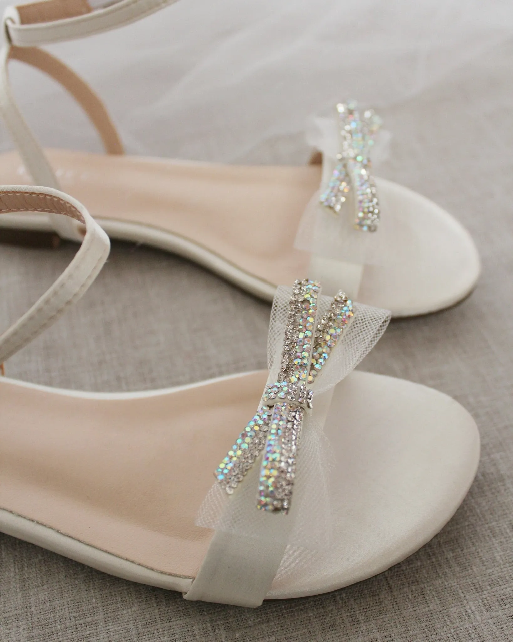 Ivory Satin Flat Sandal with Mini Mesh Rhinestones Bow and Ankle Strap