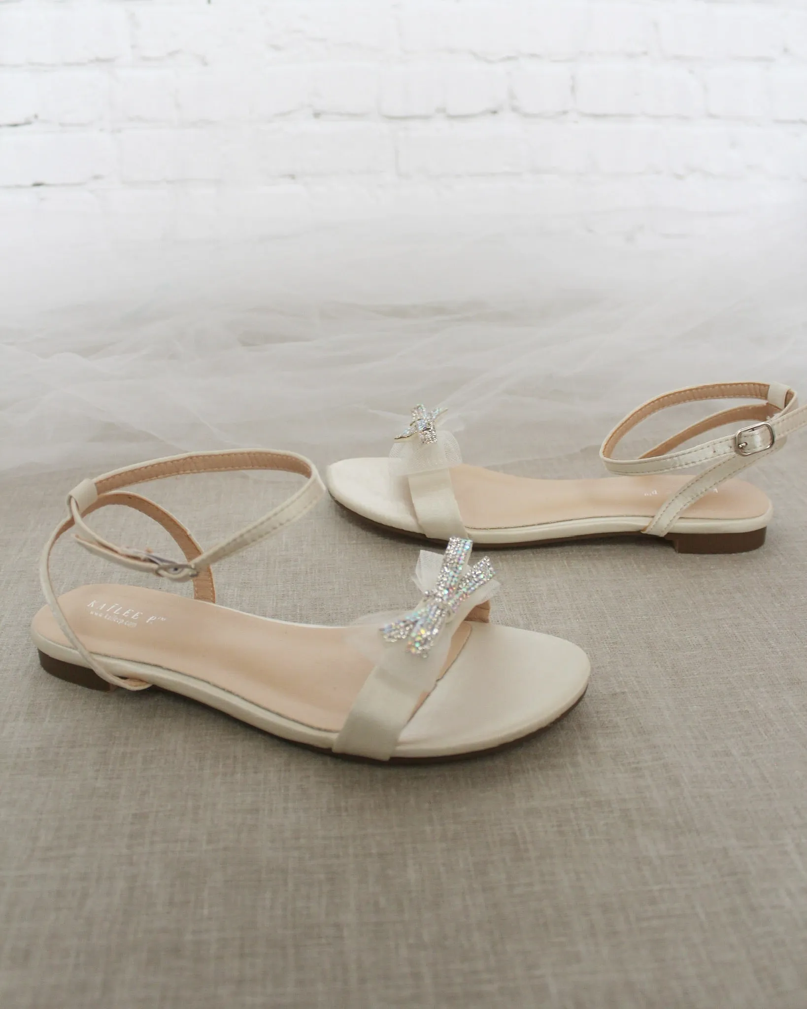 Ivory Satin Flat Sandal with Mini Mesh Rhinestones Bow and Ankle Strap