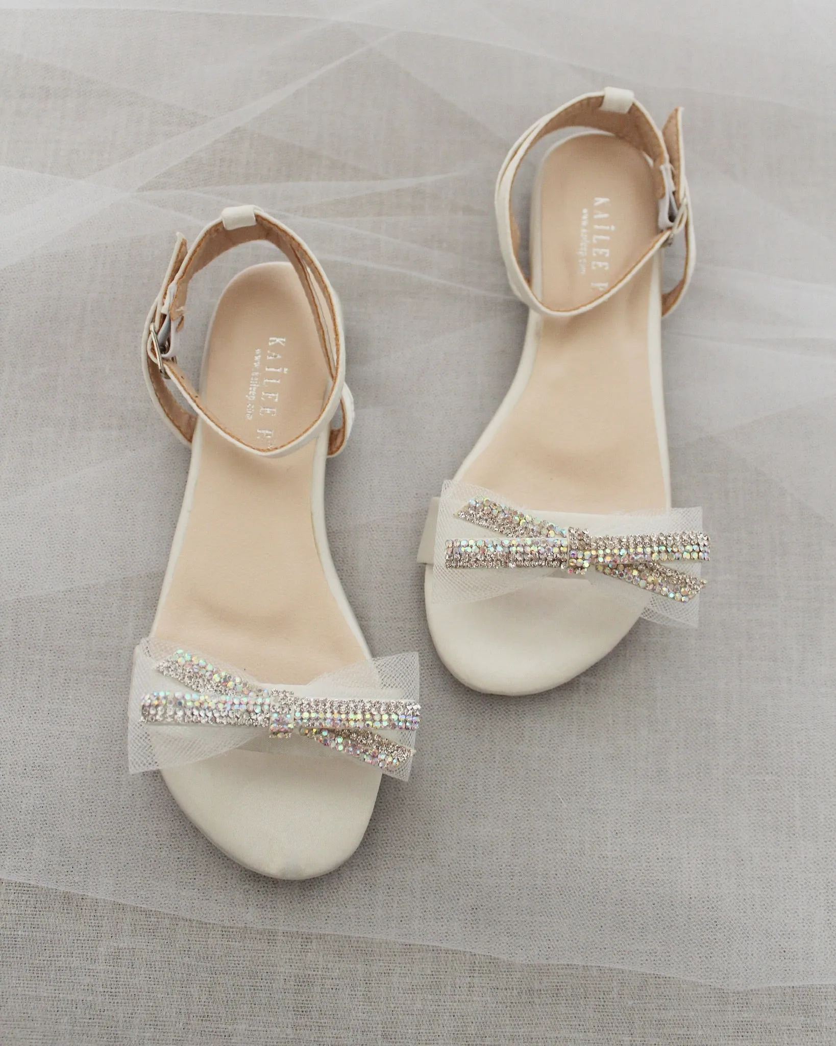 Ivory Satin Flat Sandal with Mini Mesh Rhinestones Bow and Ankle Strap