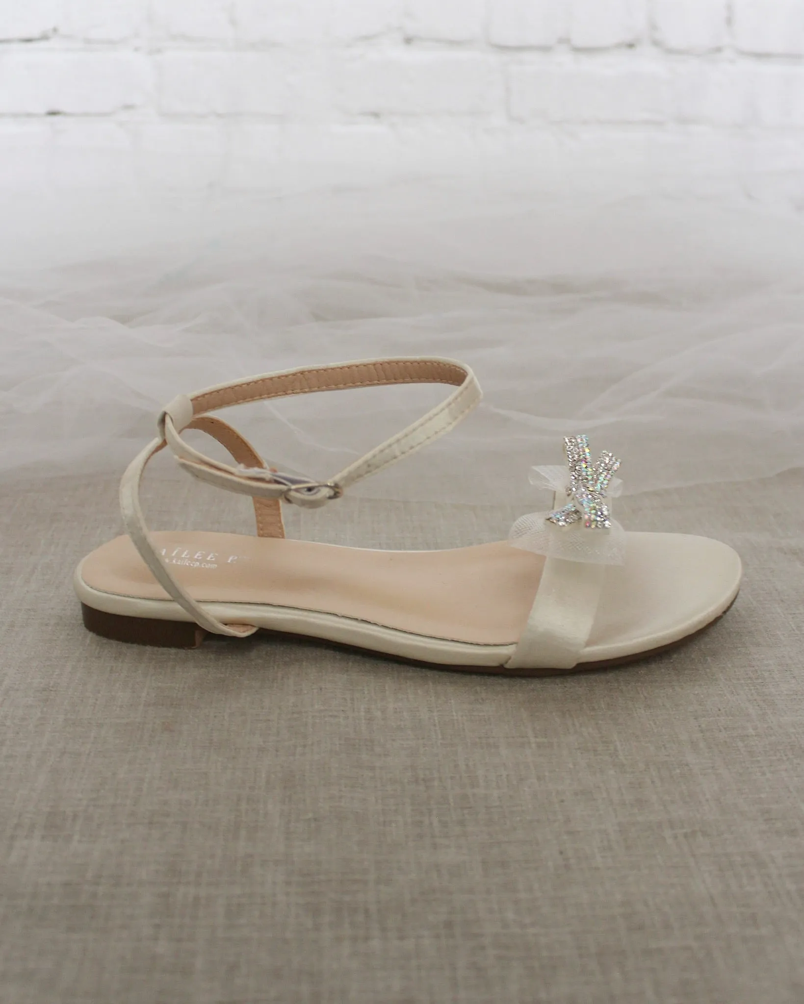 Ivory Satin Flat Sandal with Mini Mesh Rhinestones Bow and Ankle Strap